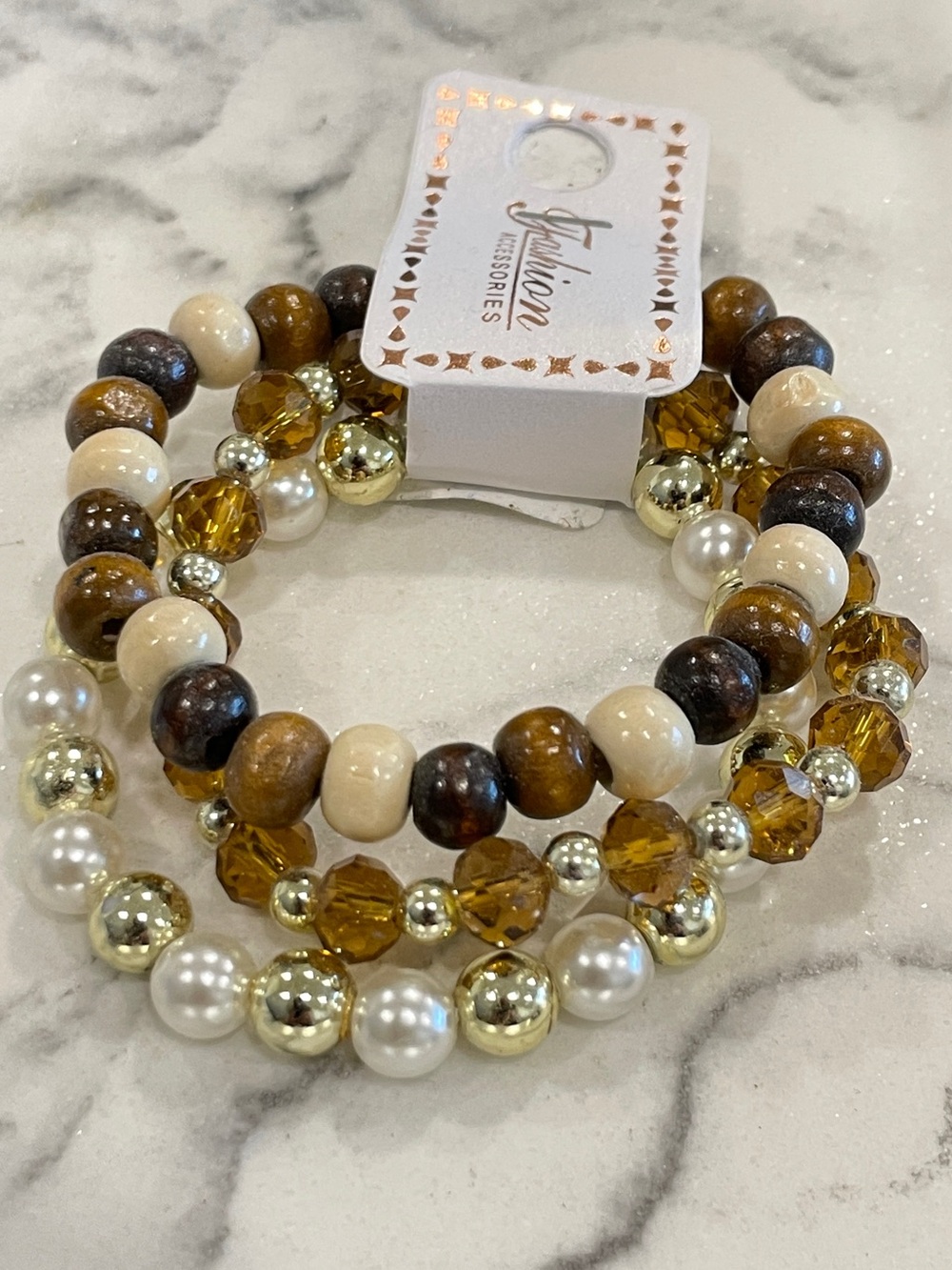 Boho Bracelet Stack Set Wood Beads Faux Pearl Gold Crystal Stretch Earthy NEW